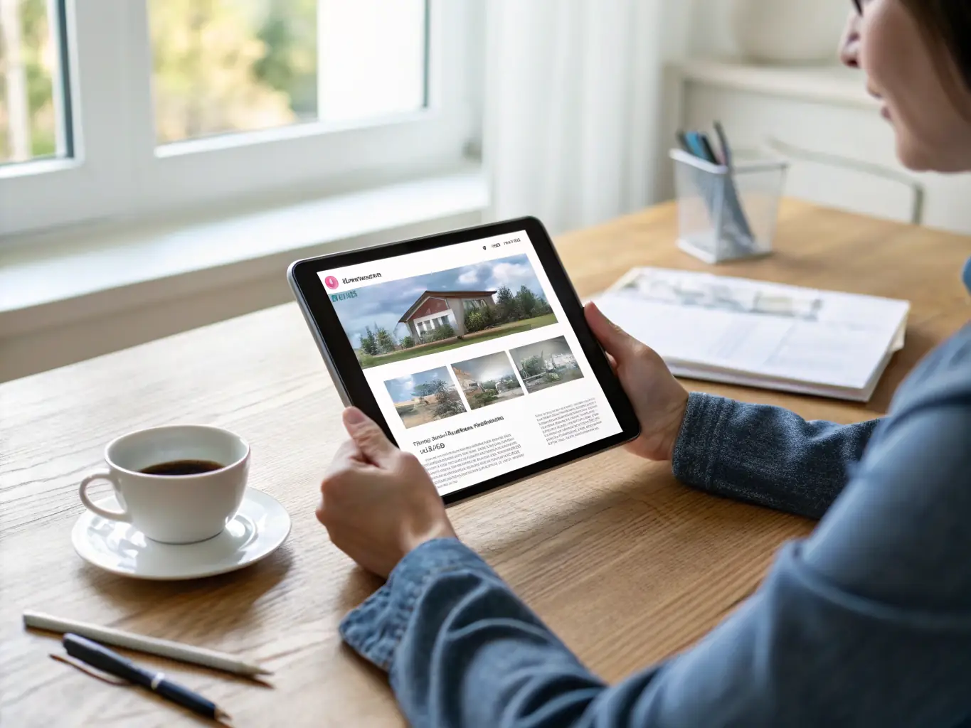 A Primekey Properties representative is reviewing property details and market data on a tablet, preparing a cash offer for a homeowner. The setting is a professional office environment.